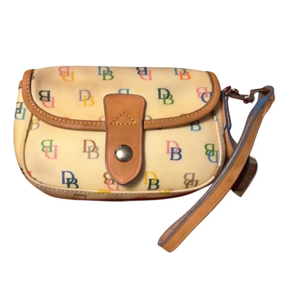 Flawed Gem! Dooney & Bourke Multicolor DB Monogram Wristlet Coated Canvas Heart